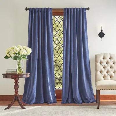Martha Stewart Lucca Velvet Rod Pocket Blackout Set Of 2 Curtain Panel In Blue