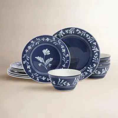 Martha Stewart Maiden Crown 12-piece Dinnerware Set – Vegan Bone China Ceramic Plates & Bowls – Floral Design – Ser In Blue