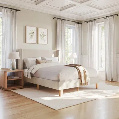 Martha Stewart Maisie Upholstered Platform Bed With Wingback Headboard In Beige