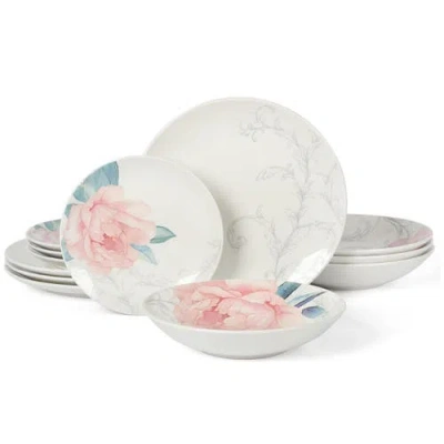 Martha Stewart Peony 12 Piece Round Fine Ceramic Dinnerware Set In White