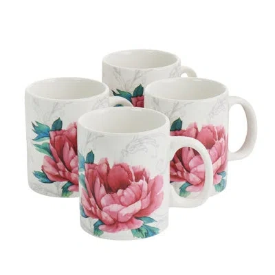 Martha Stewart Peony 4 Piece 16 Ounce Fine Ceramic Mug Set In White And Pink