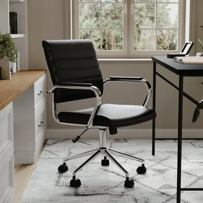 Martha Stewart Piper Upholstered Ribbed Faux Leather Swivel Home Office Chair With Armrests In Black