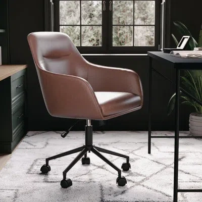 Martha Stewart Rayna Upholstered Swivel Home Office Chair With Flared Arms In Oil Rubbed Bronze,saddle Brown