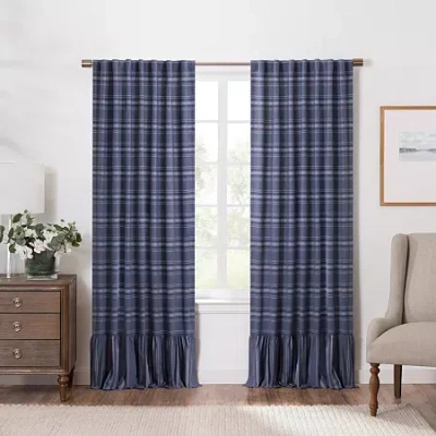Martha Stewart Ruffle Stripe Rod Pocket Light-filtering Set Of 2 Curtain Panel In Blue