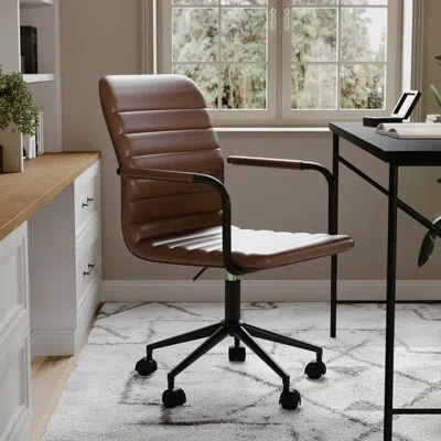 Martha Stewart Taytum Upholstered Swivel Home Office Chair With Integrated Armrests In Oil Rubbed Bronze,saddle Brown