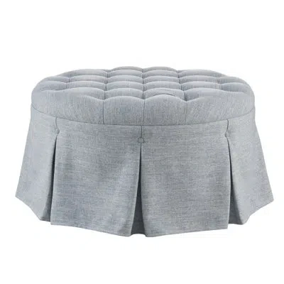 Martha Stewart Terri Button Tufted 32" Round Ottoman With Skirt In Light Blue