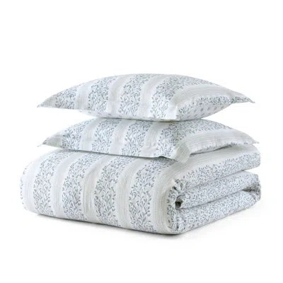 Martha Stewart Verbena Stripe Cotton Reversible Blue Duvet Cover Set In Blue;white