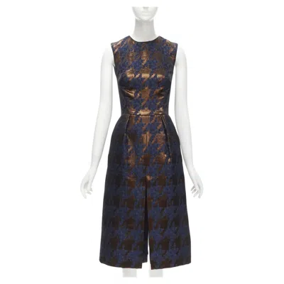 Pre-owned Martin Grant Metallic Copper Navy Houndstooth Jacquard Midi Dress Fr34 Xs In Blue