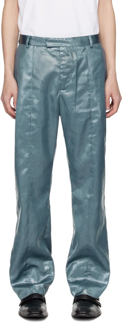 Martine Rose Blue Slim-fit Trousers In Wet Look Petrol