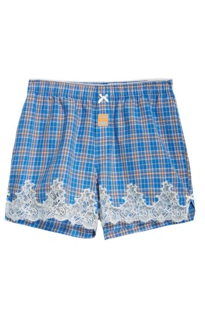 MARTINE ROSE GENDER INCLUSIVE PLAID COTTON SEERSUCKER BOXERS WITH LACE DETAIL
