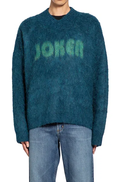 Martine Rose V-neck Mohair Sweater With Ribbed Trims And Prominent Logo In Blue