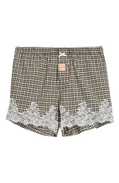 Martine Rose Lace Trim Check Stretch Cotton Boxer Shorts In Gray