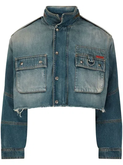 Martine Rose Logo-patch Denim Cropped Jacket In Blue
