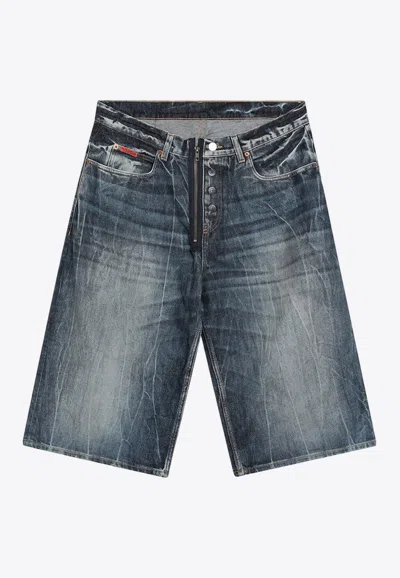 Martine Rose Logo Patch Zip-up Denim Shorts In Brown