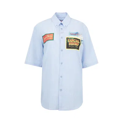 Pre-owned Martine Rose Short-sleeve Casual Shirt 'blue/white Stripe' | Men's Size S