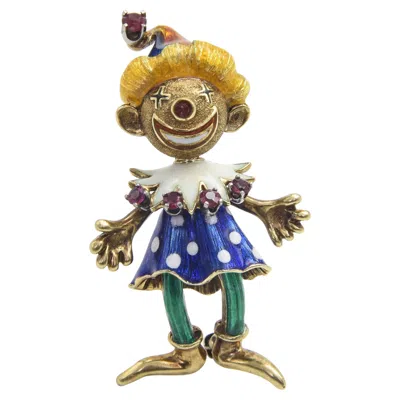 Pre-owned Martịne Martine Articulated Enamel Smiling Clown Girl Ruby Yellow Gold Brooch