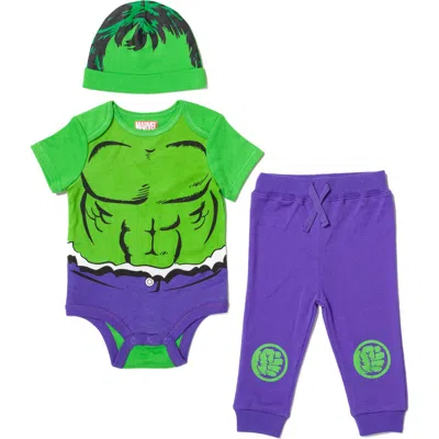 Marvel Babies'  Avengers The Hulk Cosplay Bodysuit Pants And Hat Set In Multi