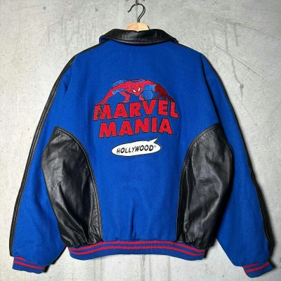 Pre-owned Marvel Comics X Universal Studios Vintage 1997 Spider Man Marvel Mania Leather Wool Jacket Nwt In Blue