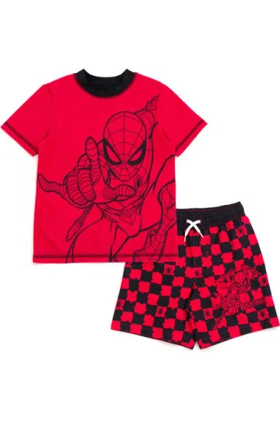 Marvel Kids'  Spider-man 2-piece Rash Guard And Swim Trunks Set In Red