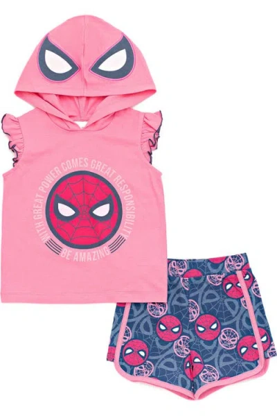 Marvel Kids'  Spider-man Cosplay 2-piece Sleeveless Hoodie And Shorts Set In Pink