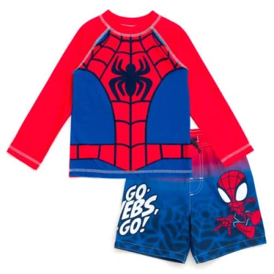 Marvel Kids'  Spidey And His Amazing Friends Swimwear 2-piece Rash Guard And Swim Trunks Set In Red