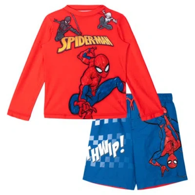 Marvel Kids'  Spidey And His Amazing Friends Swimwear 2-piece Rash Guard And Swim Trunks Set In White