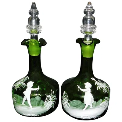 Pre-owned Mary Gregory Pair Of Antique Victorian  White Enameled Green Glass Decanters