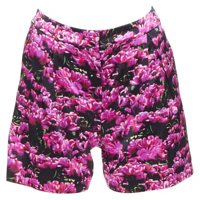 Pre-owned Mary Katrantzou 100% Silk Photographic Floral Print High Waisted Shorts Uk6 Xs In Purple