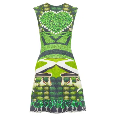 Pre-owned Mary Katrantzou 2012 Runway Green Heart Garden Party Print Shift Dress Uk10 M