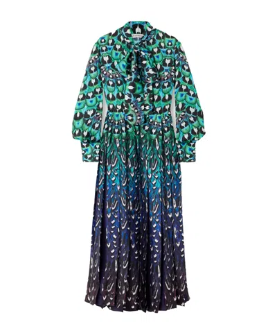 Mary Katrantzou Alexis Pussy-bow Pleated Printed Satin Midi Dress In Blue