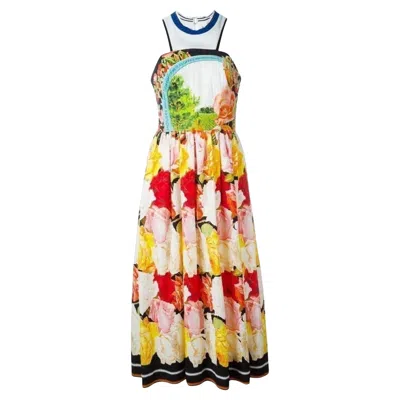 Pre-owned Mary Katrantzou Cotton Blend Printed Dress Uk 14 / Us 10 In Sand