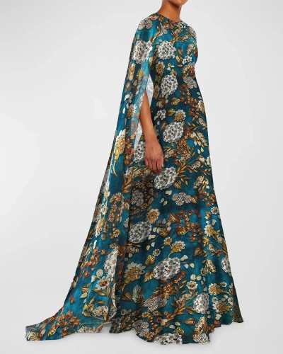 Mary Katrantzou Didion Floral-print Empire-waist Silk Cape Gown In Teal