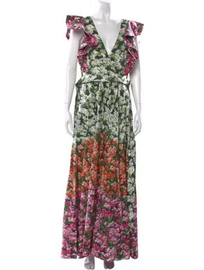 Pre-owned Mary Katrantzou Floral Print Long Dress In Green