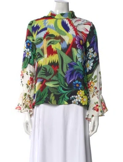 Pre-owned Mary Katrantzou Floral Print Mock Neck Blouse In Green