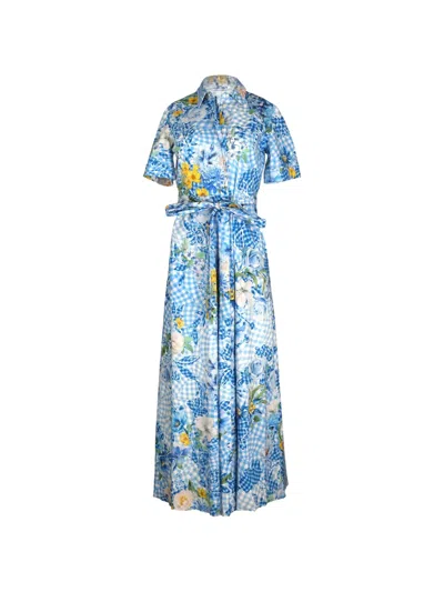 Mary Katrantzou Floral-print Gingham Maxi Dress In Blue