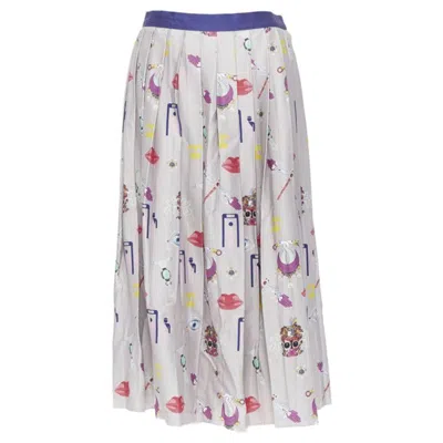 Pre-owned Mary Katrantzou Grey Mixed Illustration Print Pleated Midi Flared Skirt Uk10 27" In Gray