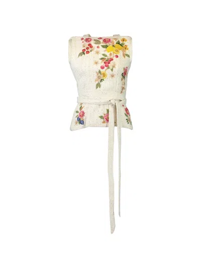 Mary Katrantzou Juda Floral-embroidered Tie-waist Top In Neutral