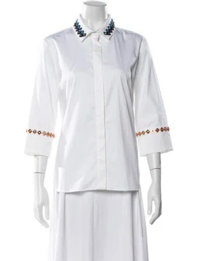 Pre-owned Mary Katrantzou Printed Three-quarter Sleeve Button-up Top In White