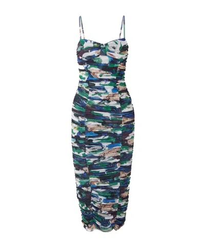 Mary Katrantzou Ruched Printed Stretch-tulle Midi Dress In Multi