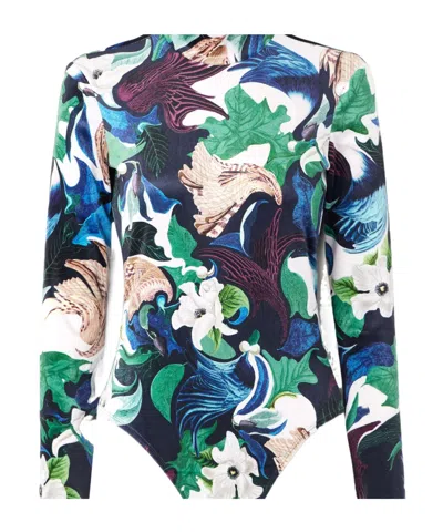 Mary Katrantzou Jordan Printed Stretch-velvet Turtleneck Bodysuit In Blue