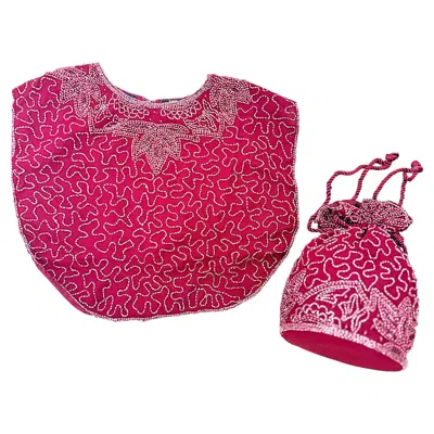 Pre-owned Mary Mcfadden 1980s  Beaded Silk Dickey Capelet Top With Matching Evening Bag Box In Red