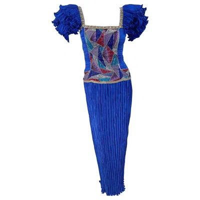 Pre-owned Mary Mcfadden 1980s  Royal Blue Fortuny Pleated Size 2 / 4 Mosaic Vintage Gown