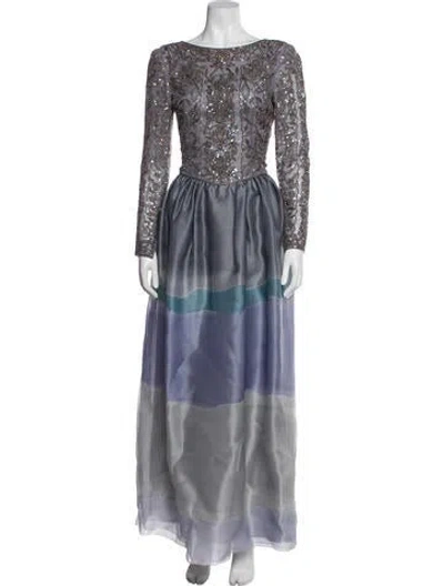 Pre-owned Mary Mcfadden Bateau Neckline Long Dress In Grey