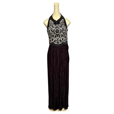 Pre-owned Mary Mcfadden Black Beaded Halter Top Gown With A Fortuny Style Pleated Skirt