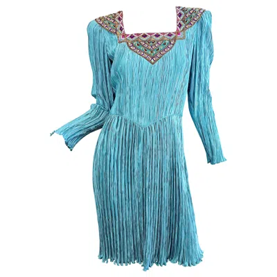Pre-owned Mary Mcfadden Couture Size 6 Turquoise Dress S/s 1983 Beaded Sequin 1980s Dress In Blue