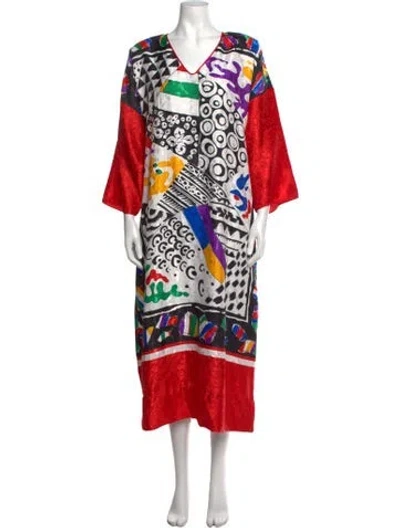 Pre-owned Mary Mcfadden Graphic Print Long Dress In Red