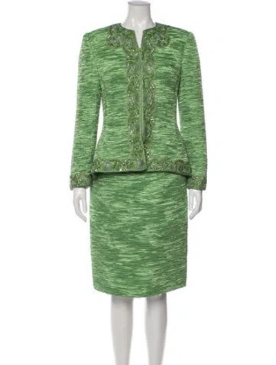 Pre-owned Mary Mcfadden Patterned Beaded Accents Skirt Suit In Green