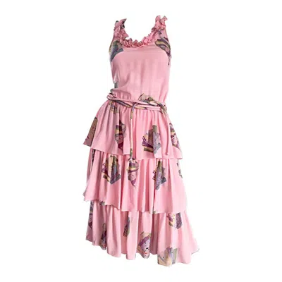 Pre-owned Mary Mcfadden Vintage  Light Pink ' Fan ' Print Ruffle Tiered Silk Dress W/ Belt