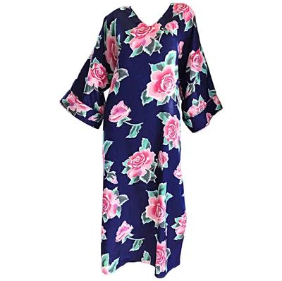 Pre-owned Mary Mcfadden Vintage  Purple + Pink + Green 3-d Rose Print Caftan Dress In Red