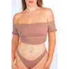 Mary Mercedes Cali Off-the-shoulder Bikini Crop Top With Short Sleeves In Taupe